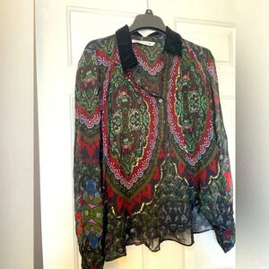 Zara Woman’s Small Sheer Blouse Paisley Colorful Print Sequins Velvet Collar